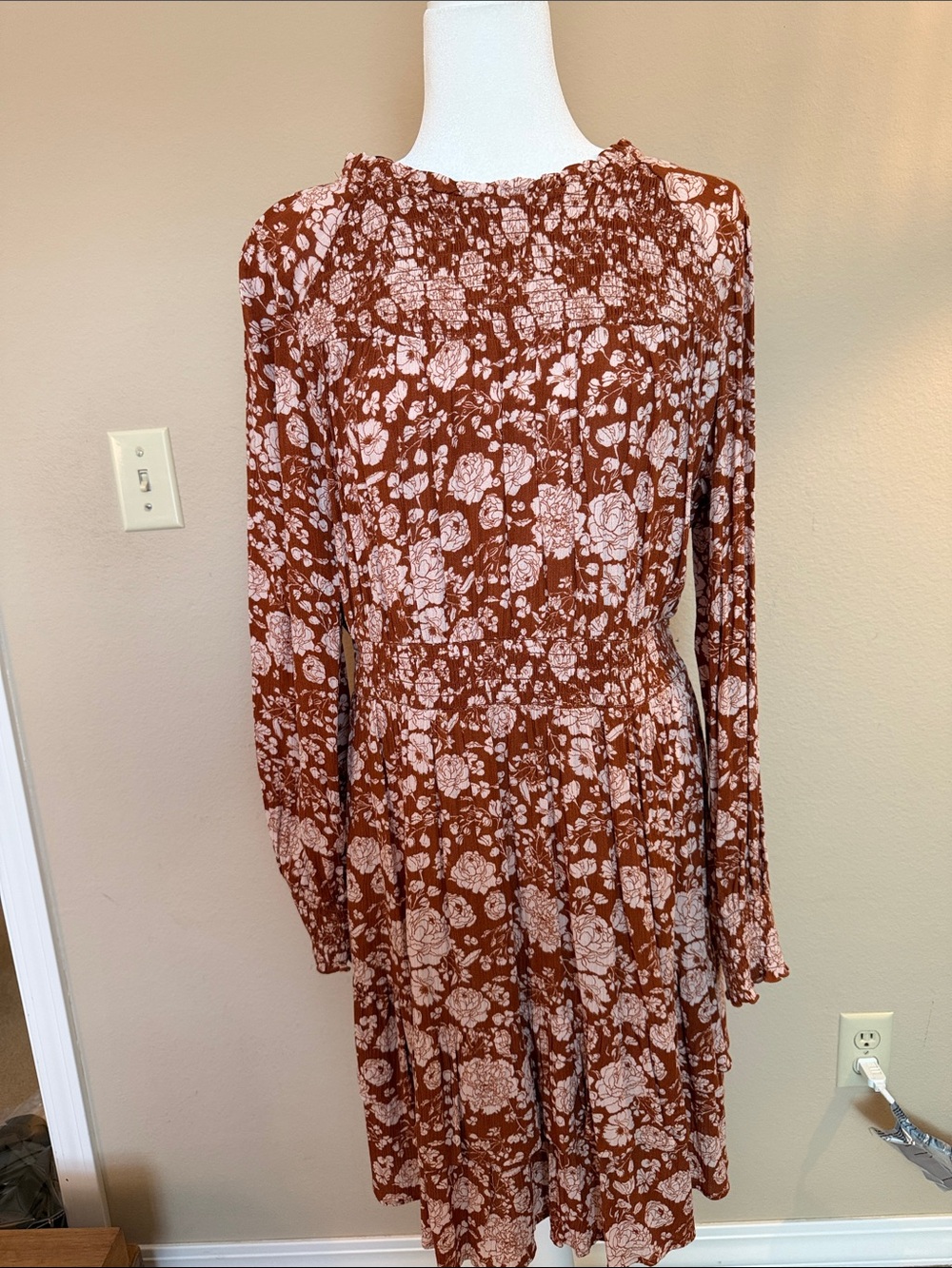Knox Rose Rust Floral Long-Sleeve Smocked Dress